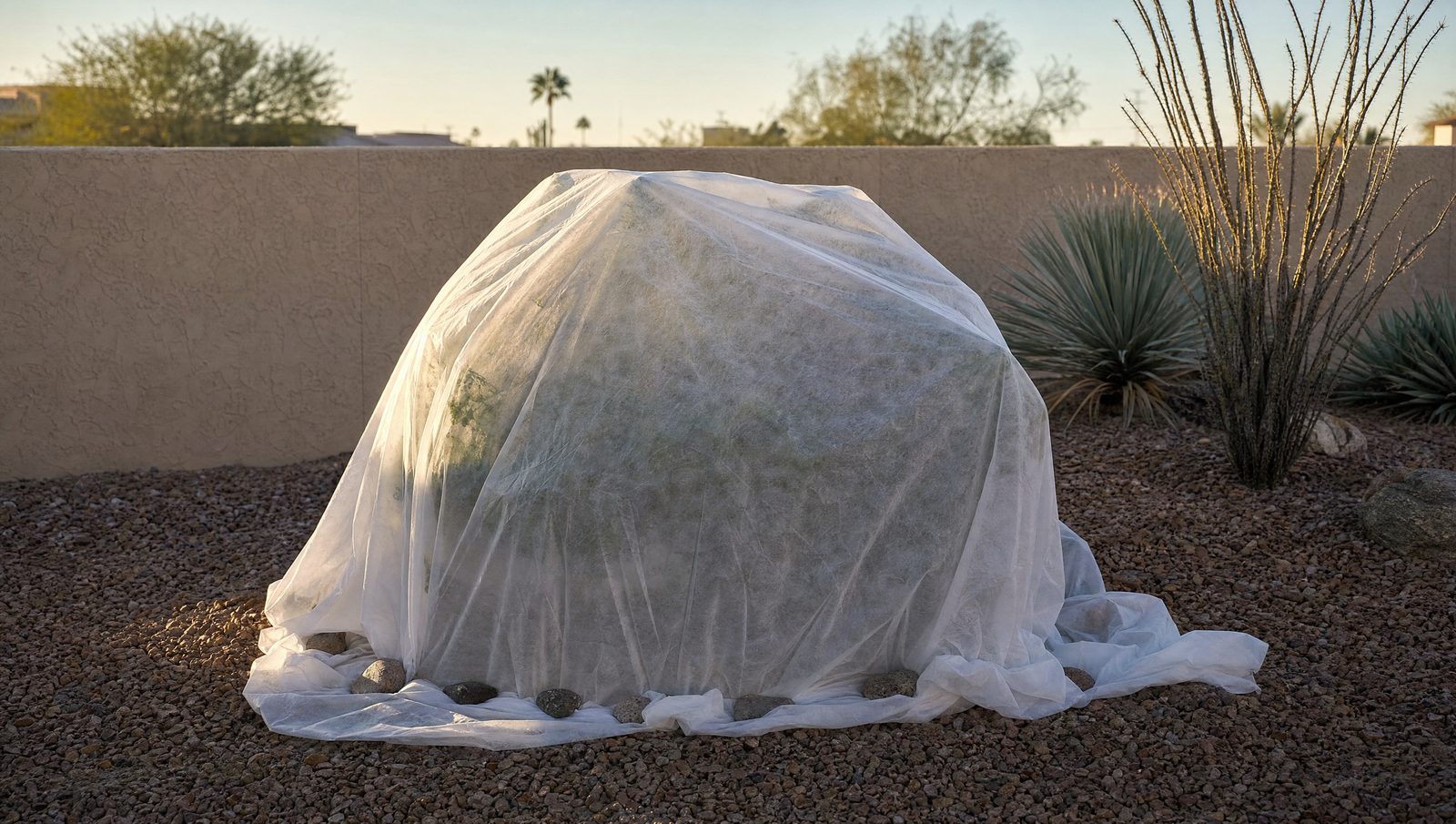 Frost cloth covering a young citrus tree