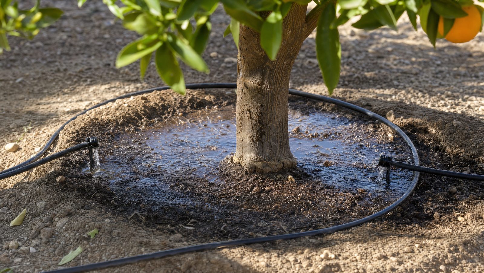 Drip irrigation soaking a citrus tree's basin