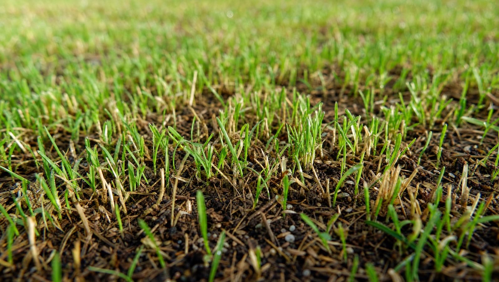 Close-up of tiny perennial ryegrass seedlings germinating in Bermuda turf