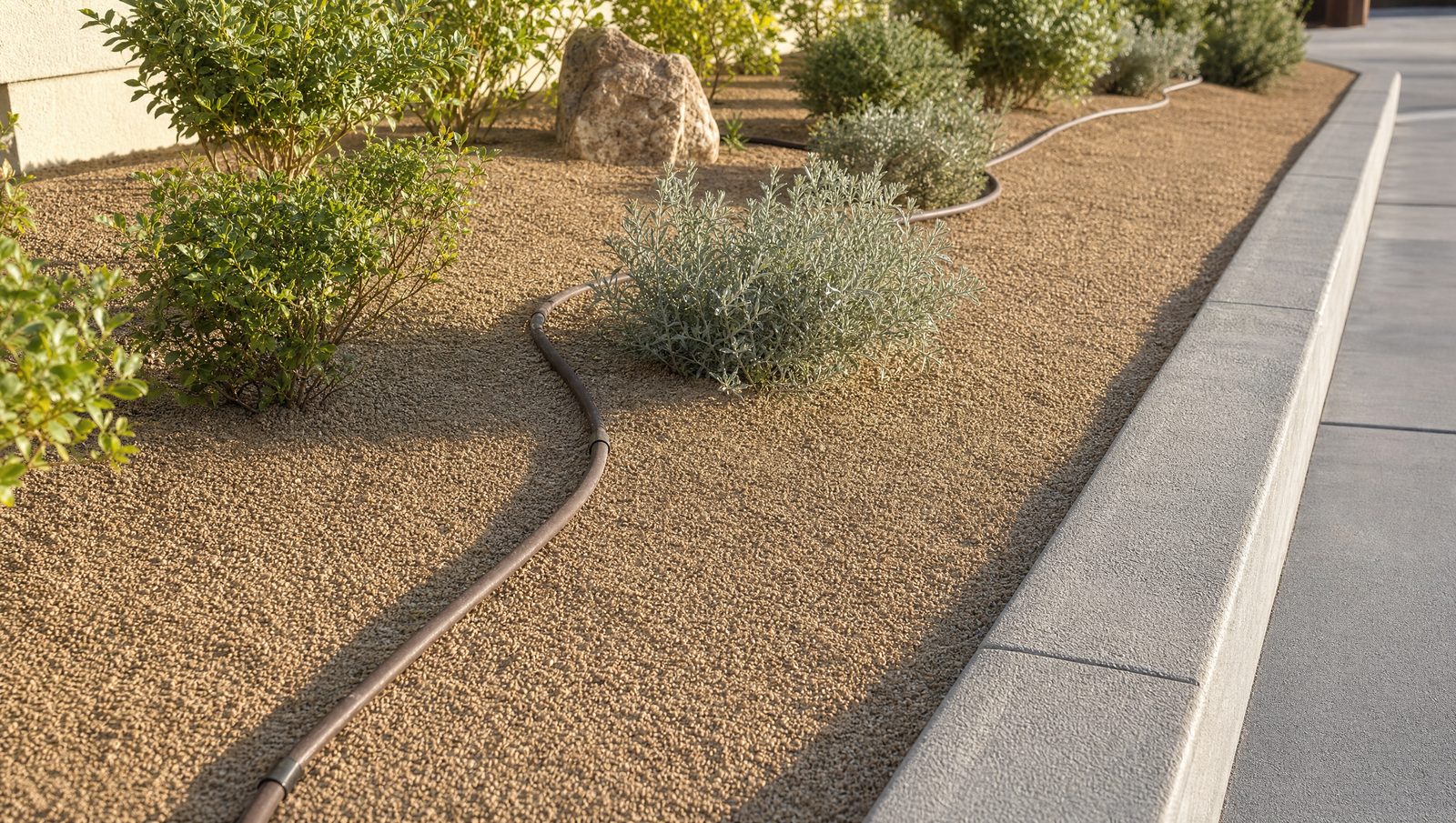 Clean, freshly refreshed decomposed granite bed with drip line