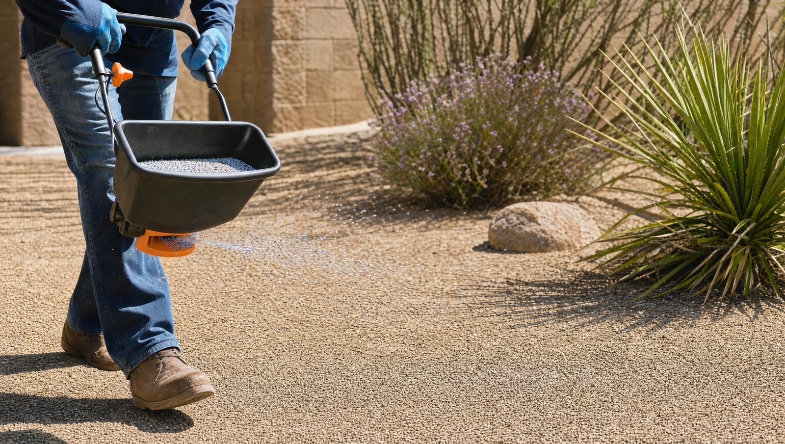 Spreader applying pre-emergent granules on decomposed granite