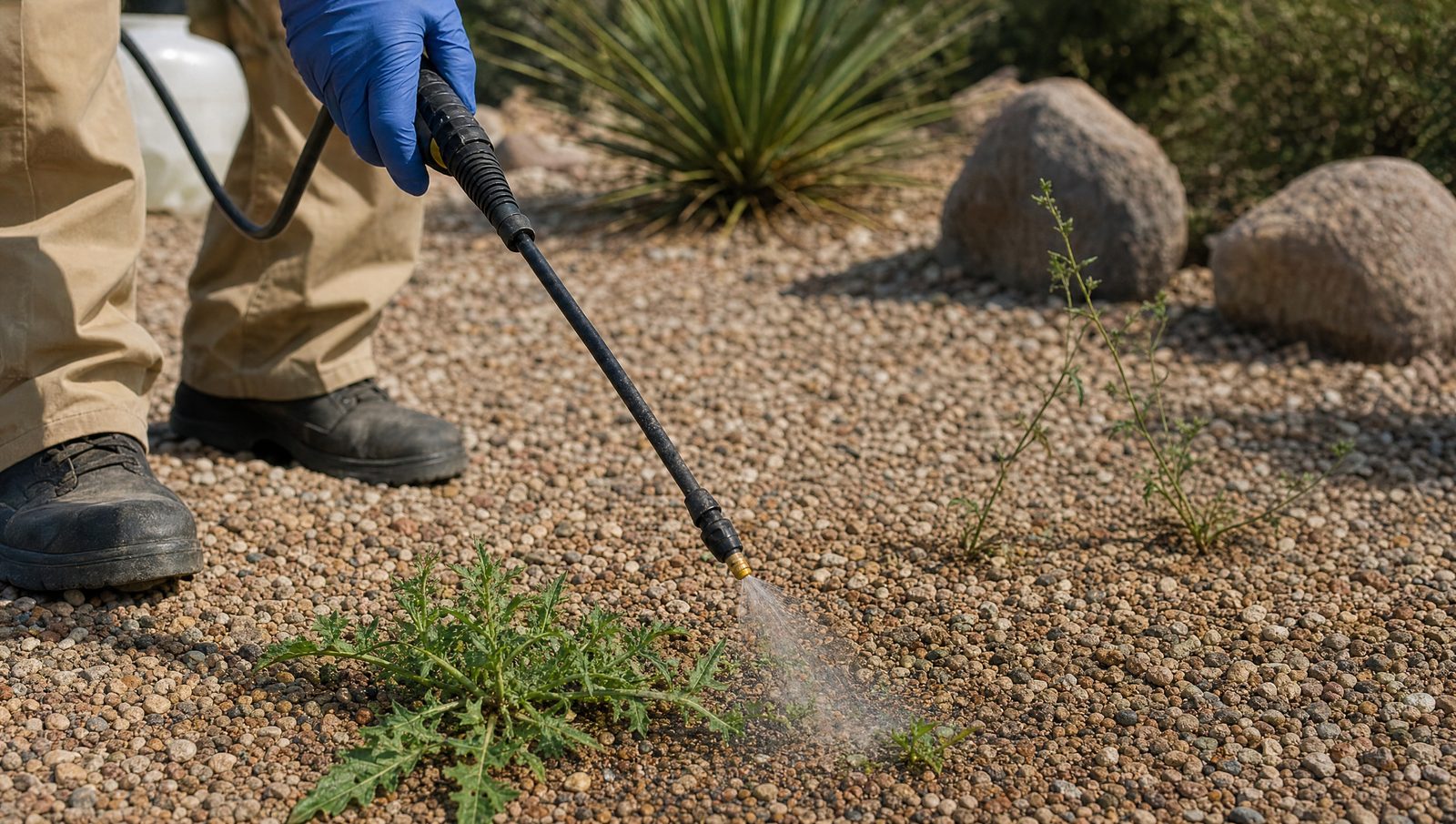 Backpack sprayer spot-treating a weed in gravel